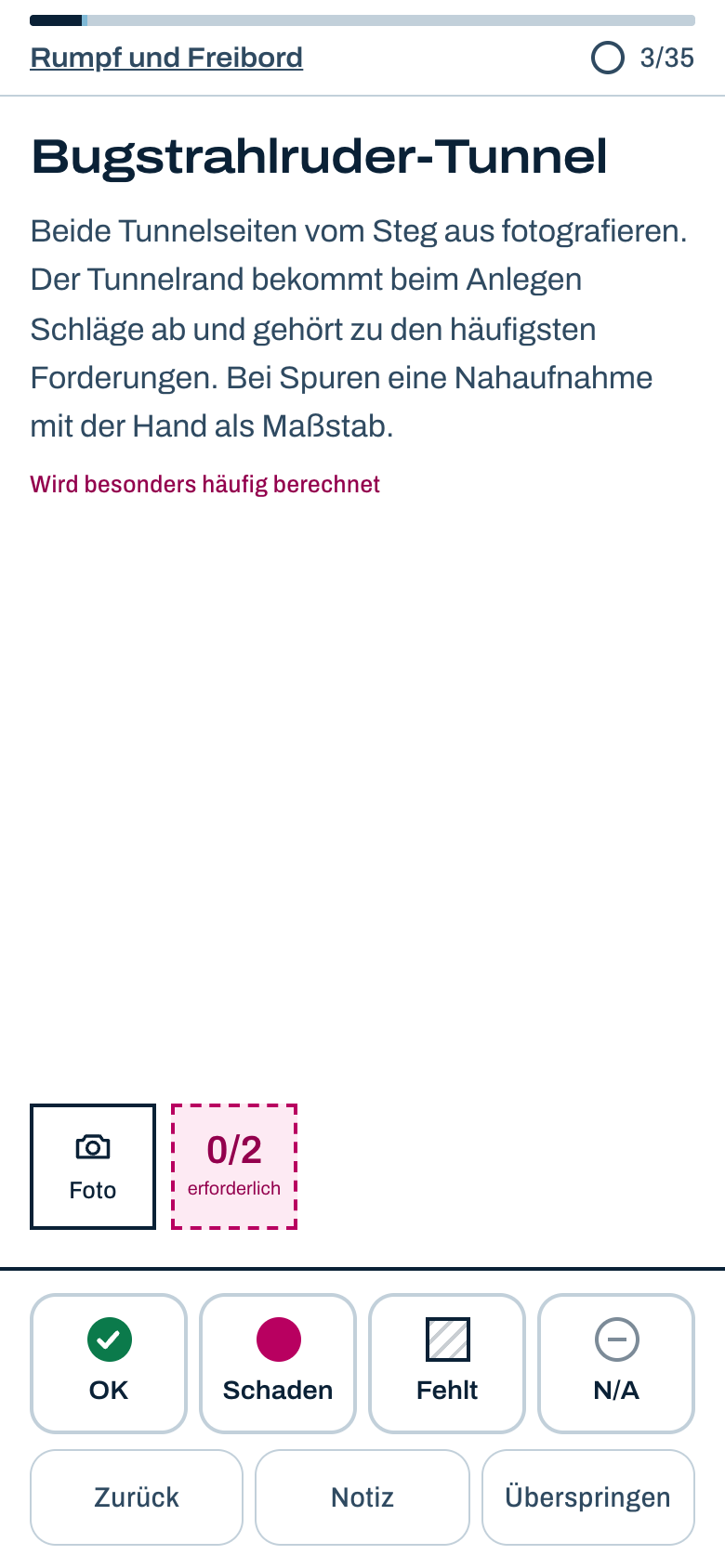 Bildschirm eines Punktes: Titel, Hinweis, Fotos und die vier Statusknöpfe.