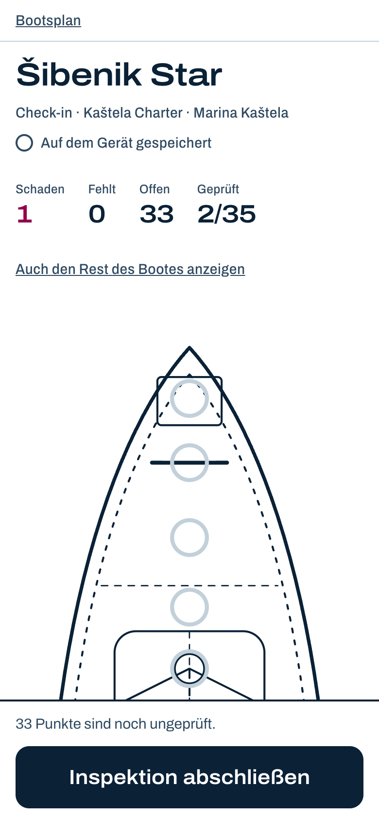 Zusammenfassung der Inspektion mit den Schäden zuerst.