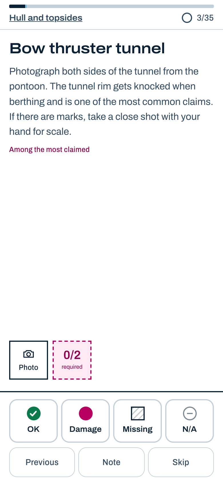 An item screen: title, hint, photos, and the four status buttons.