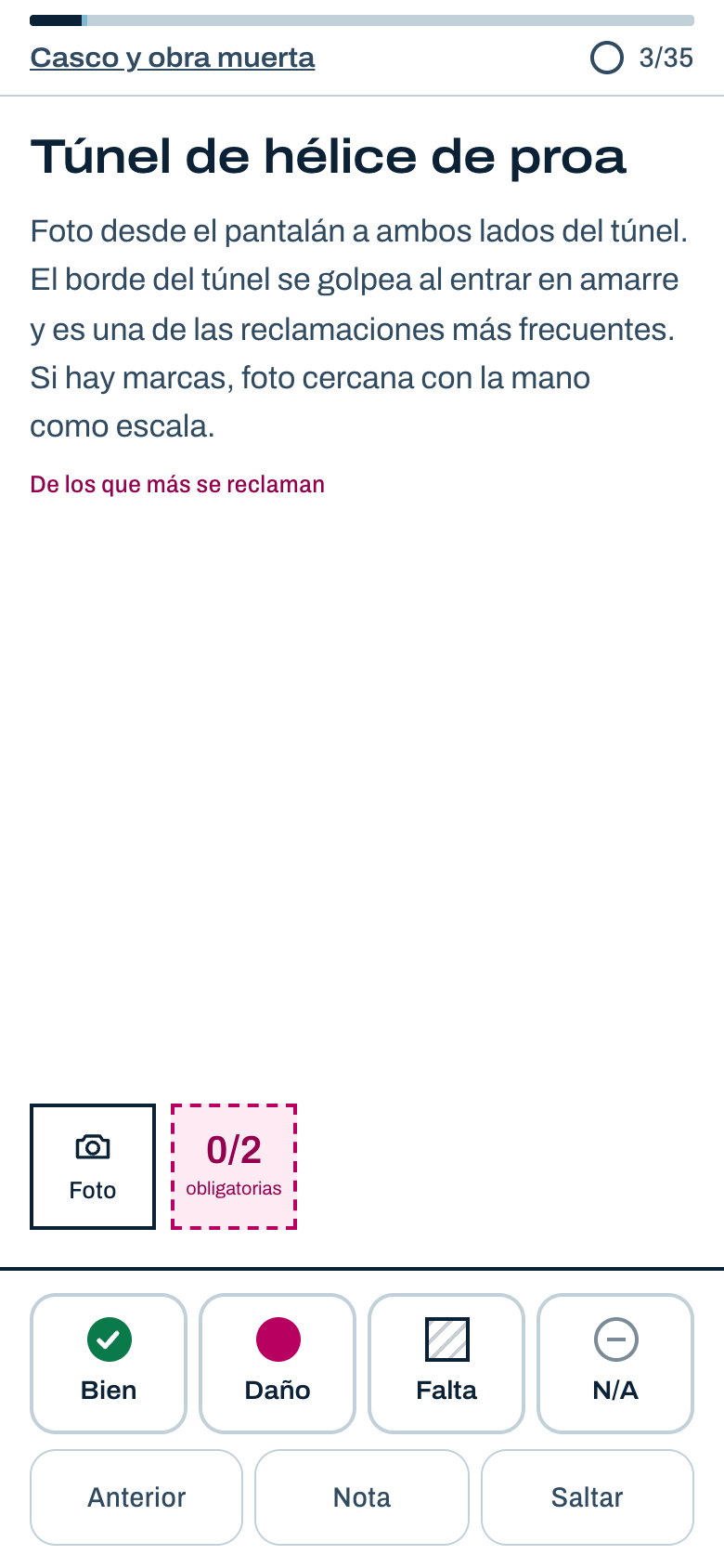 Pantalla de un ítem: título, indicación, fotos y los cuatro botones de estado.